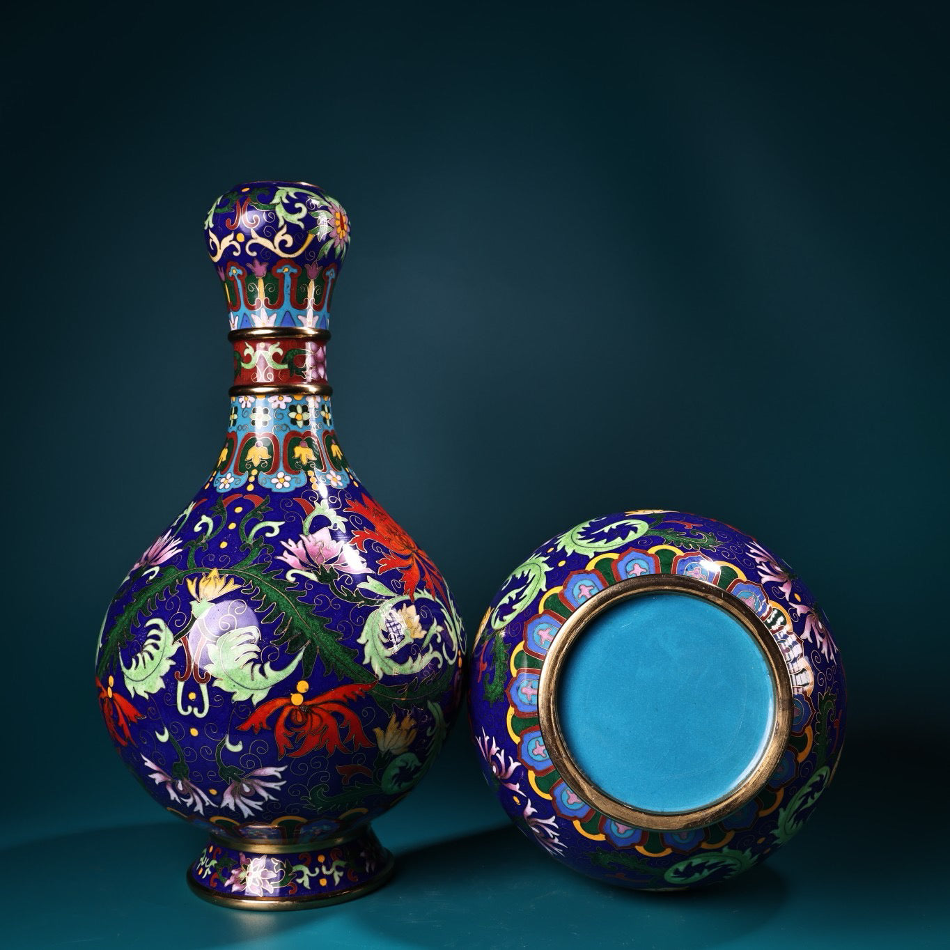 A pair of pure copper gilded cloisonn é enamel colored vases