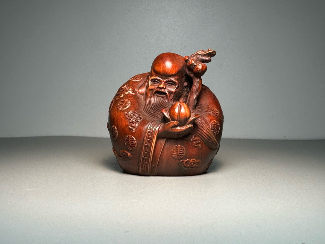 Chinese antique boxwood carving with exquisite craftsmanship, carving three stars of fortune, wealth, and longevity