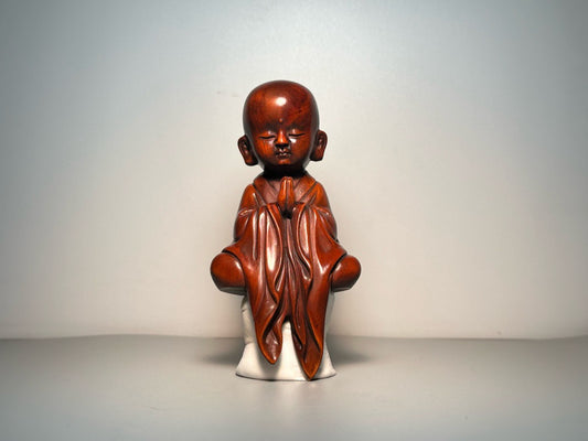 Chinese antique boxwood carving with exquisite craftsmanship, small monk sitting in meditation