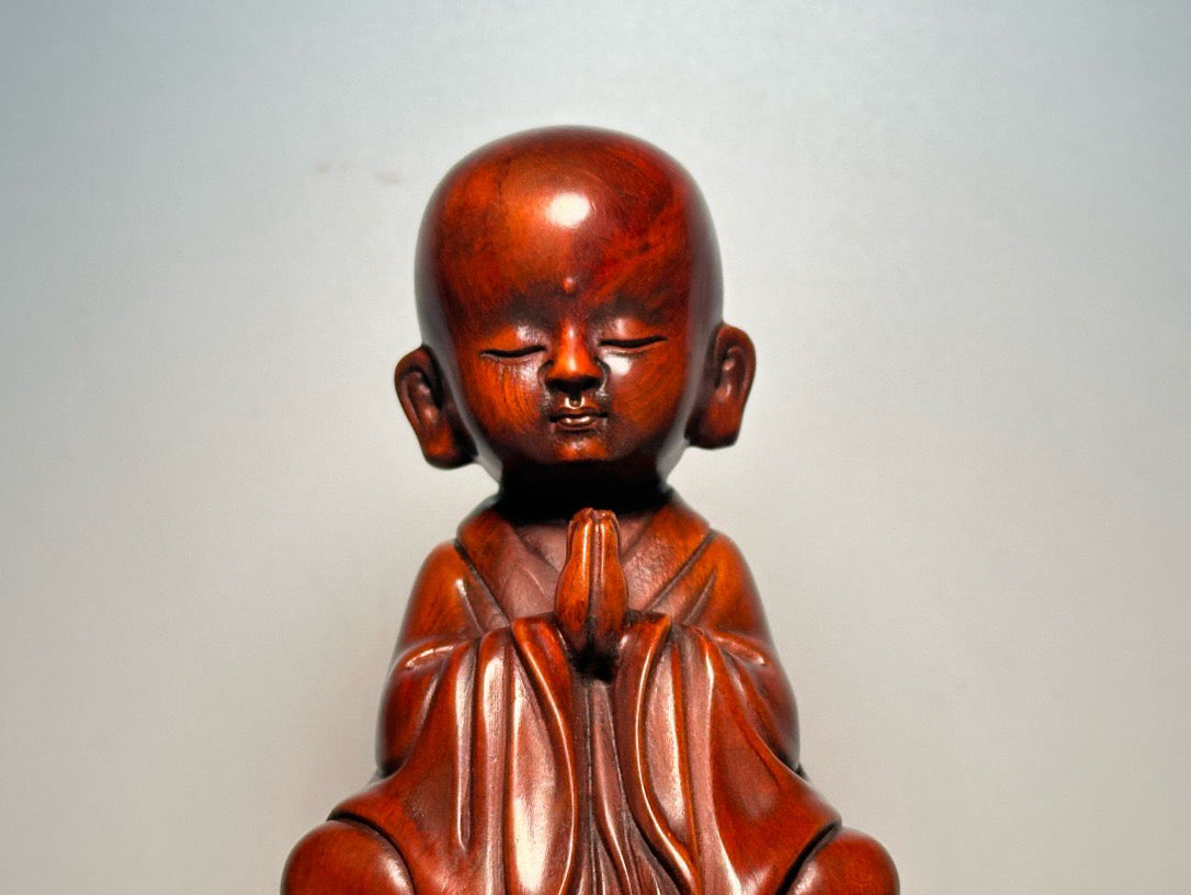 Chinese antique boxwood carving with exquisite craftsmanship, small monk sitting in meditation