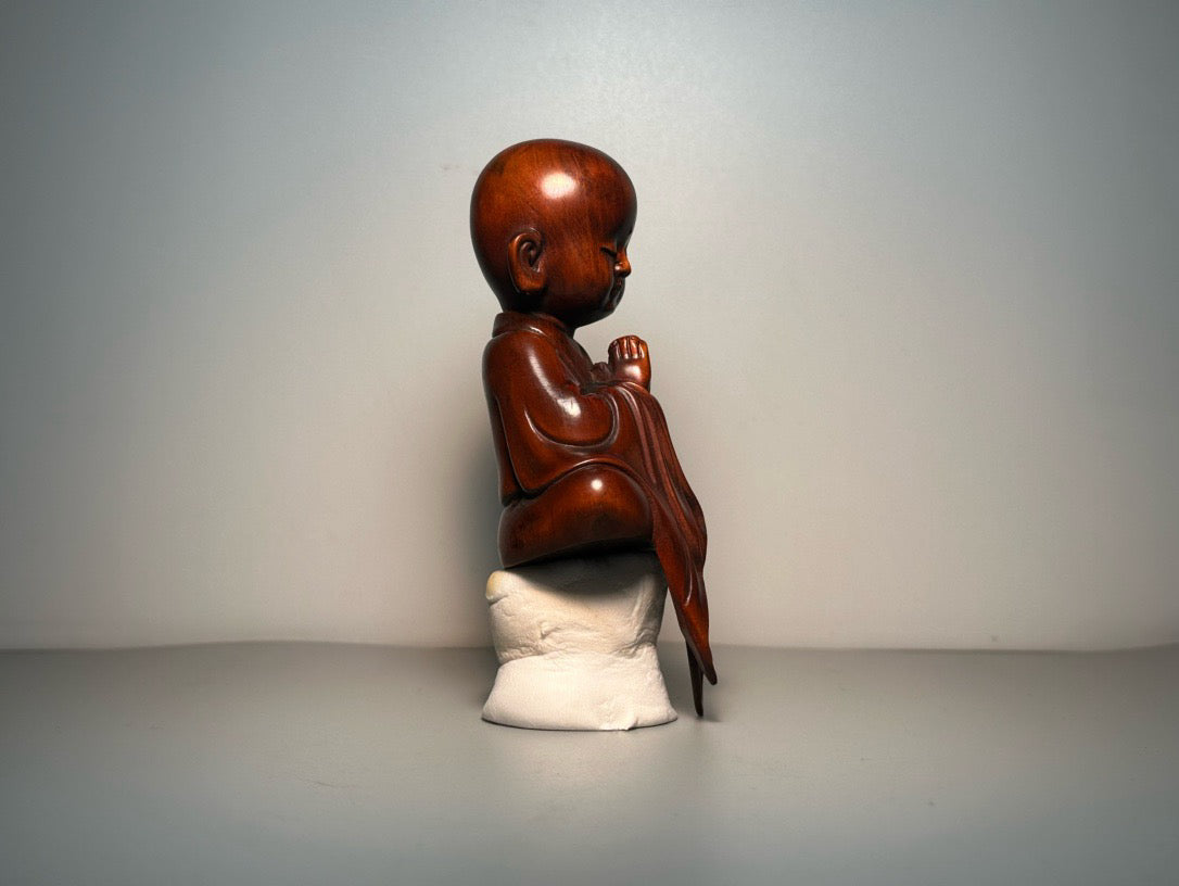 Chinese antique boxwood carving with exquisite craftsmanship, small monk sitting in meditation