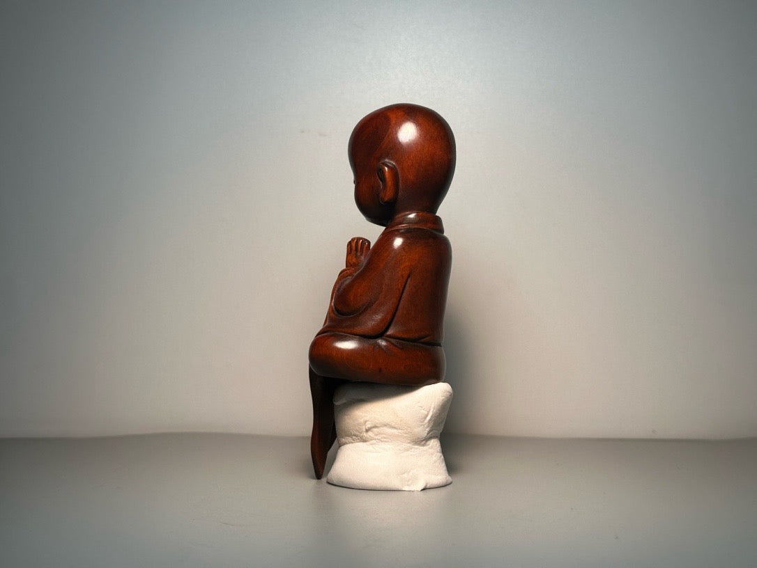 Chinese antique boxwood carving with exquisite craftsmanship, small monk sitting in meditation