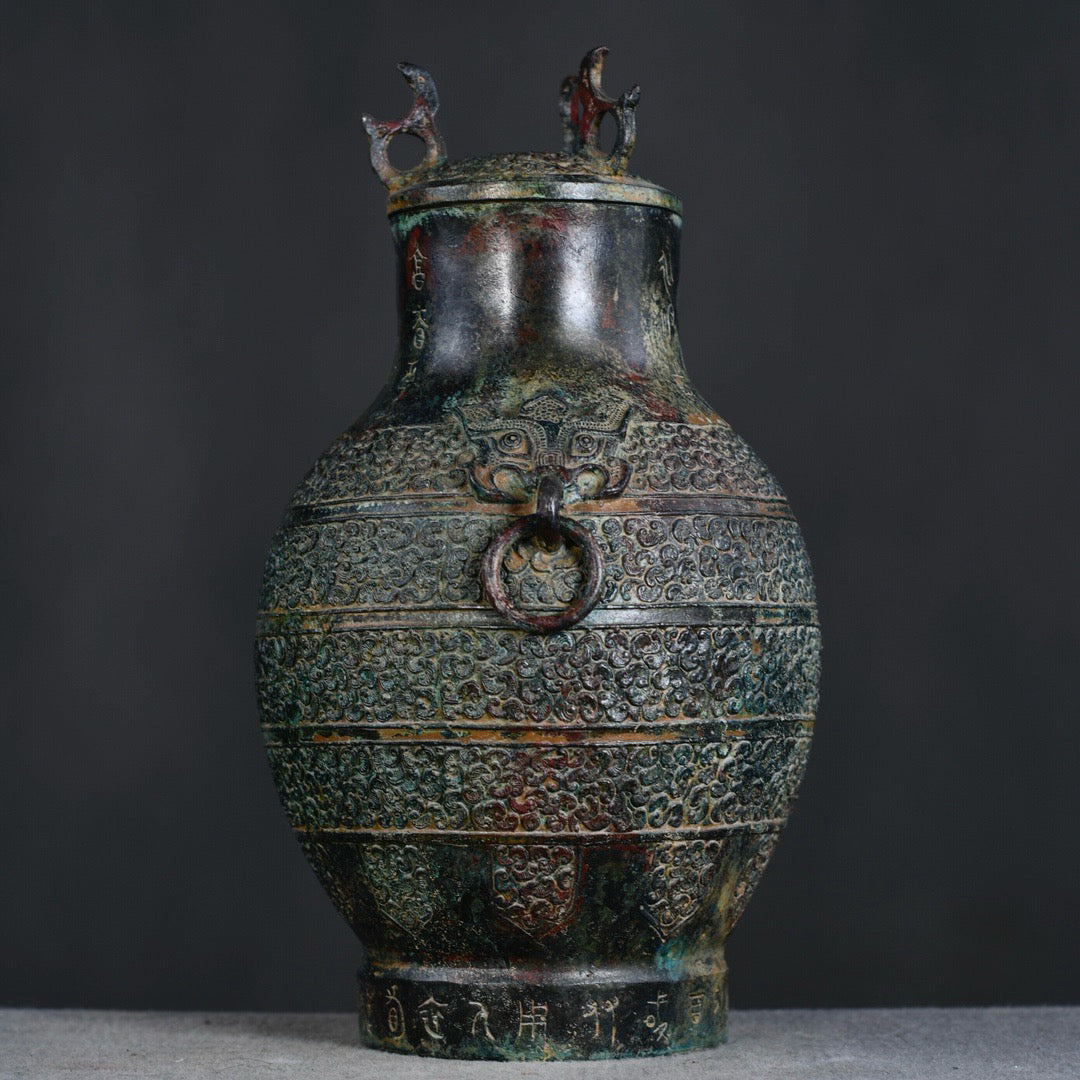 Chinese antique bronze animal ear double ring teapot