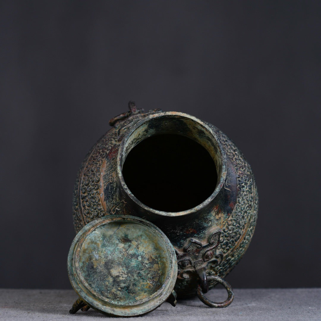 Chinese antique bronze animal ear double ring teapot