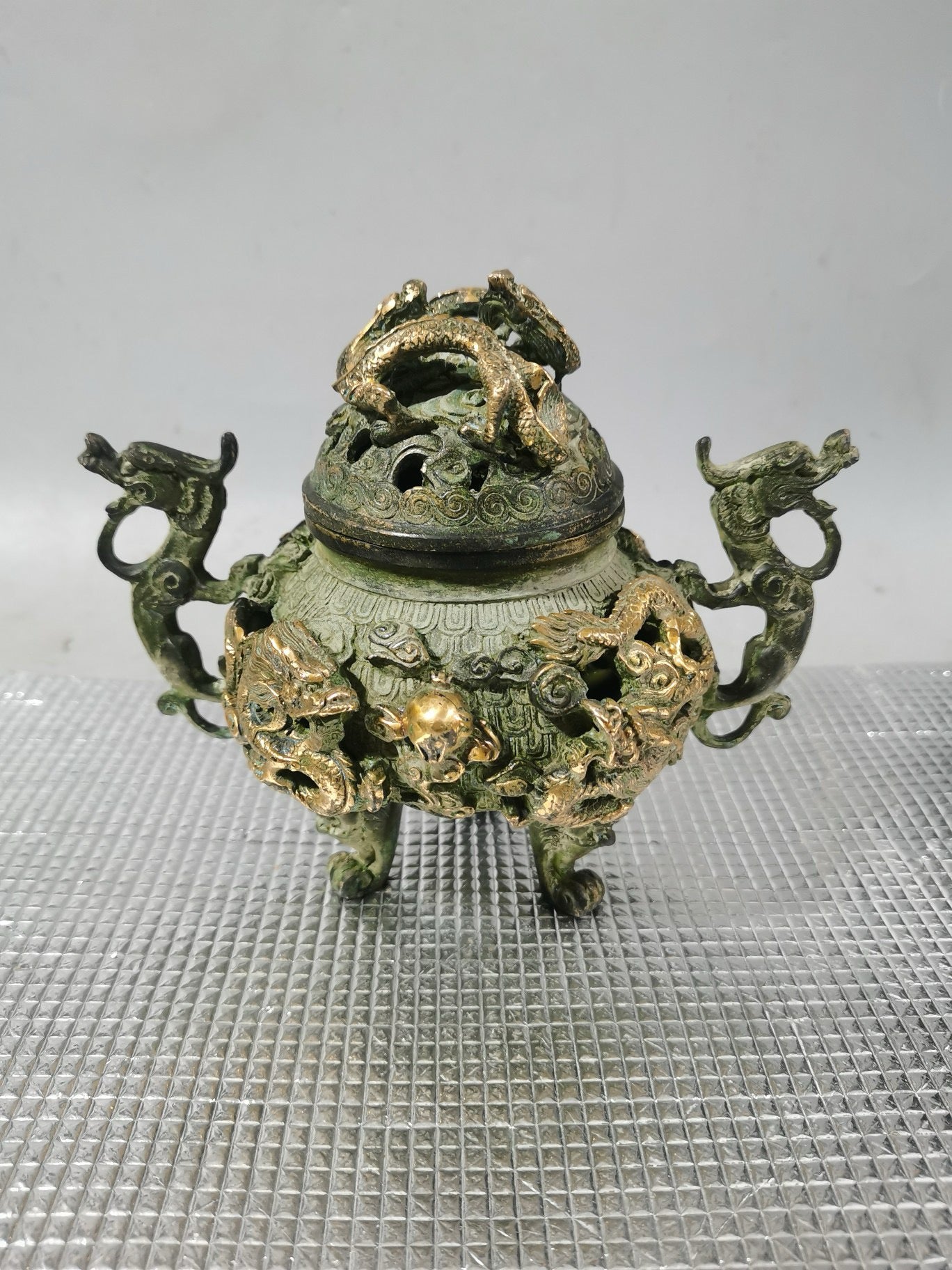 Chinese antique pure copper gilded nine dragon incense burner