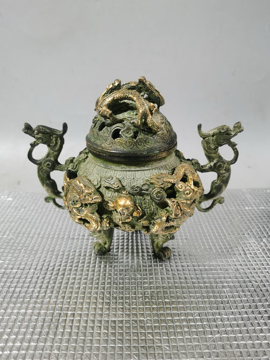 Chinese antique pure copper gilded nine dragon incense burner