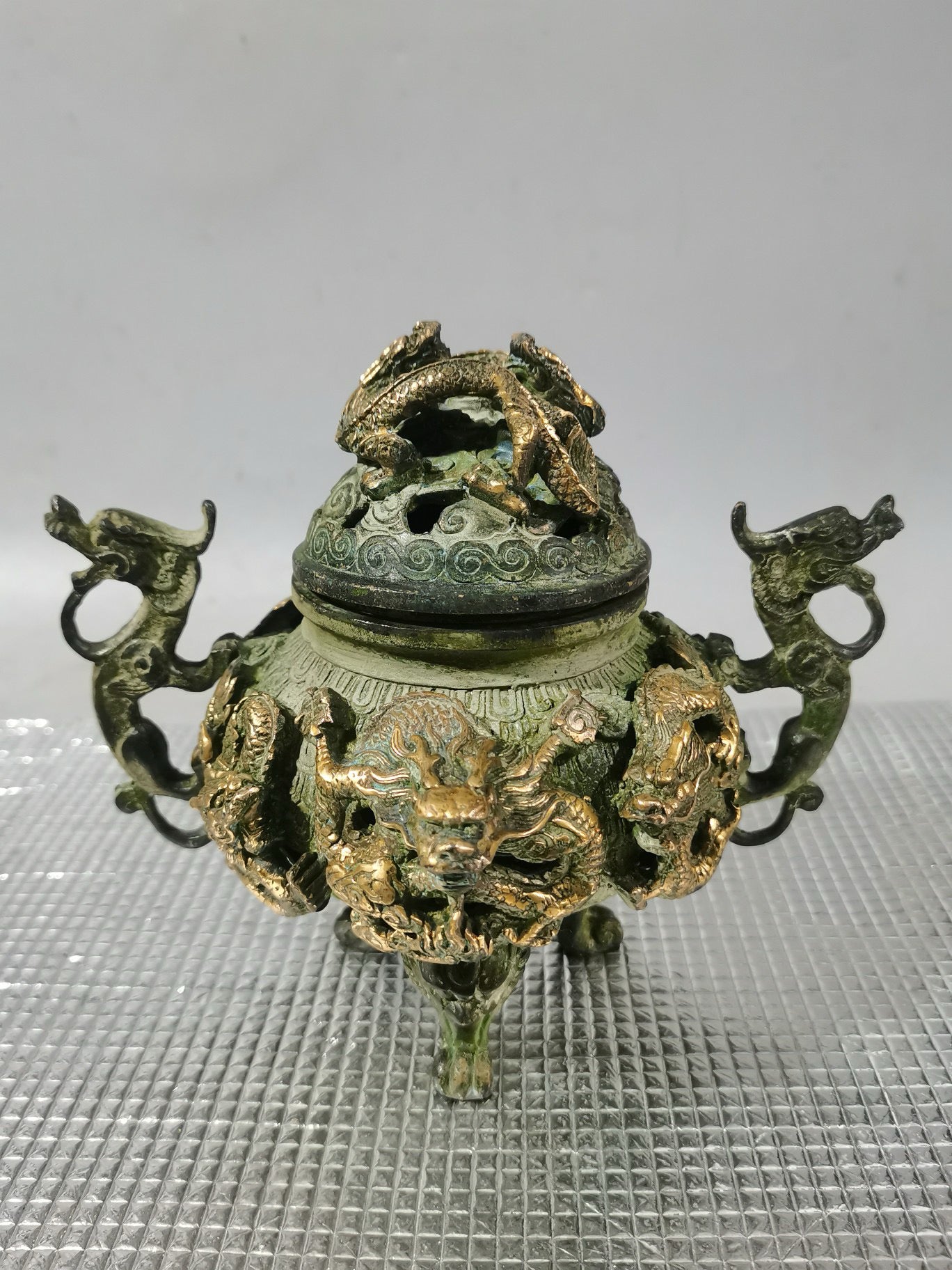 Chinese antique pure copper gilded nine dragon incense burner