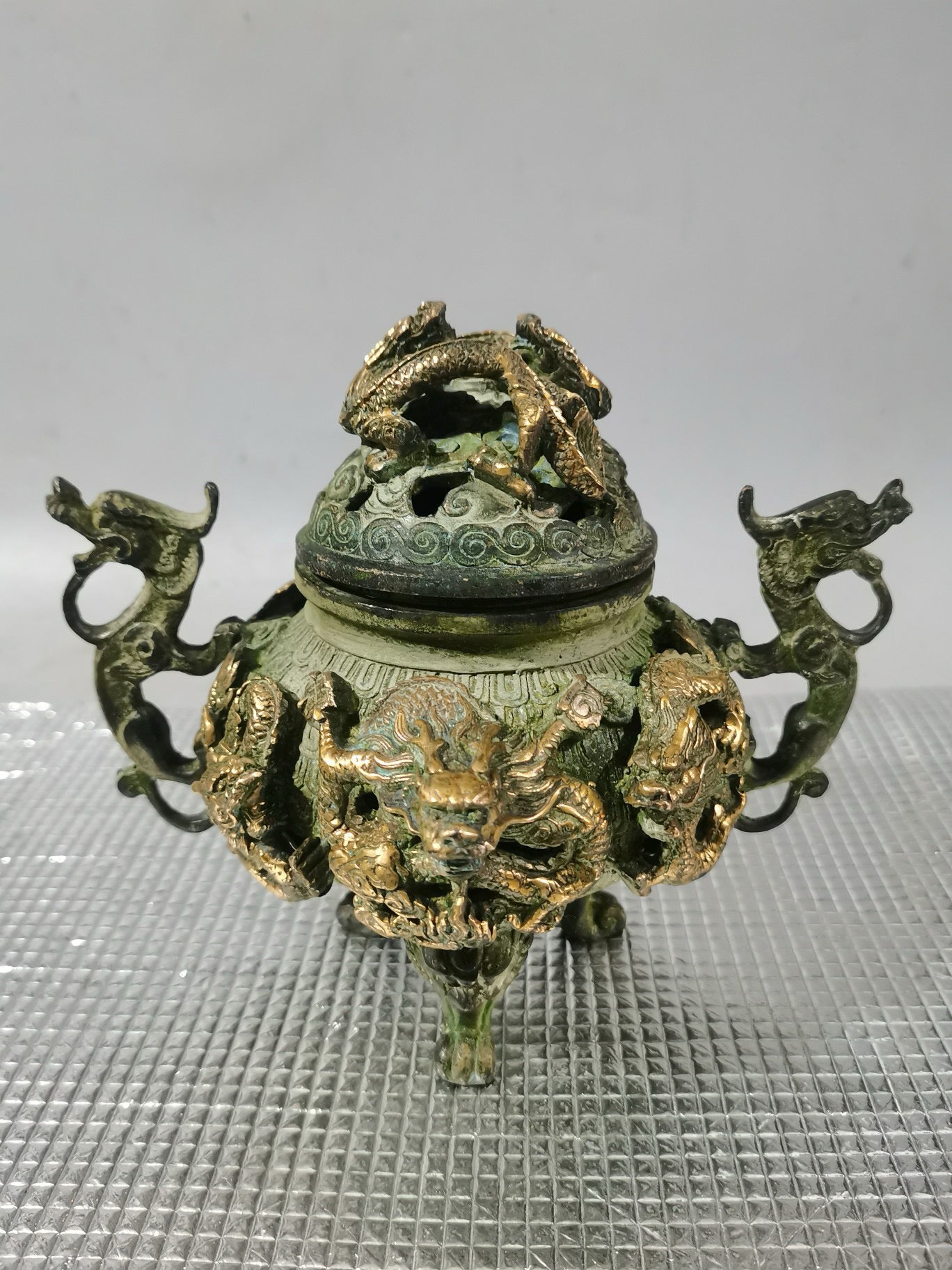 Chinese antique pure copper gilded nine dragon incense burner