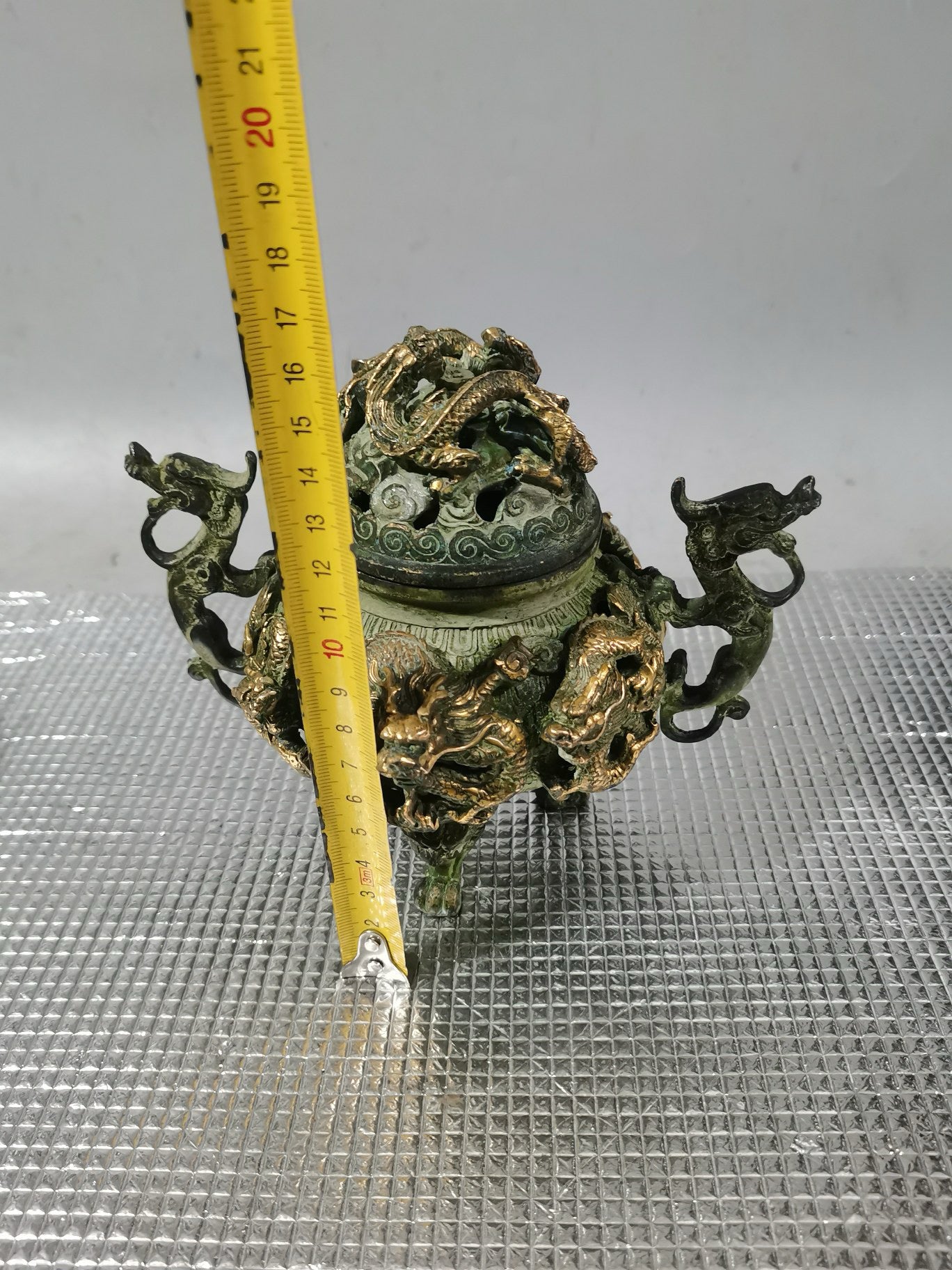Chinese antique pure copper gilded nine dragon incense burner