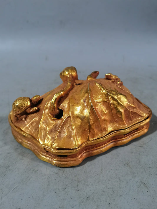Chinese antique pure copper gold-plated lotus leaf incense burner