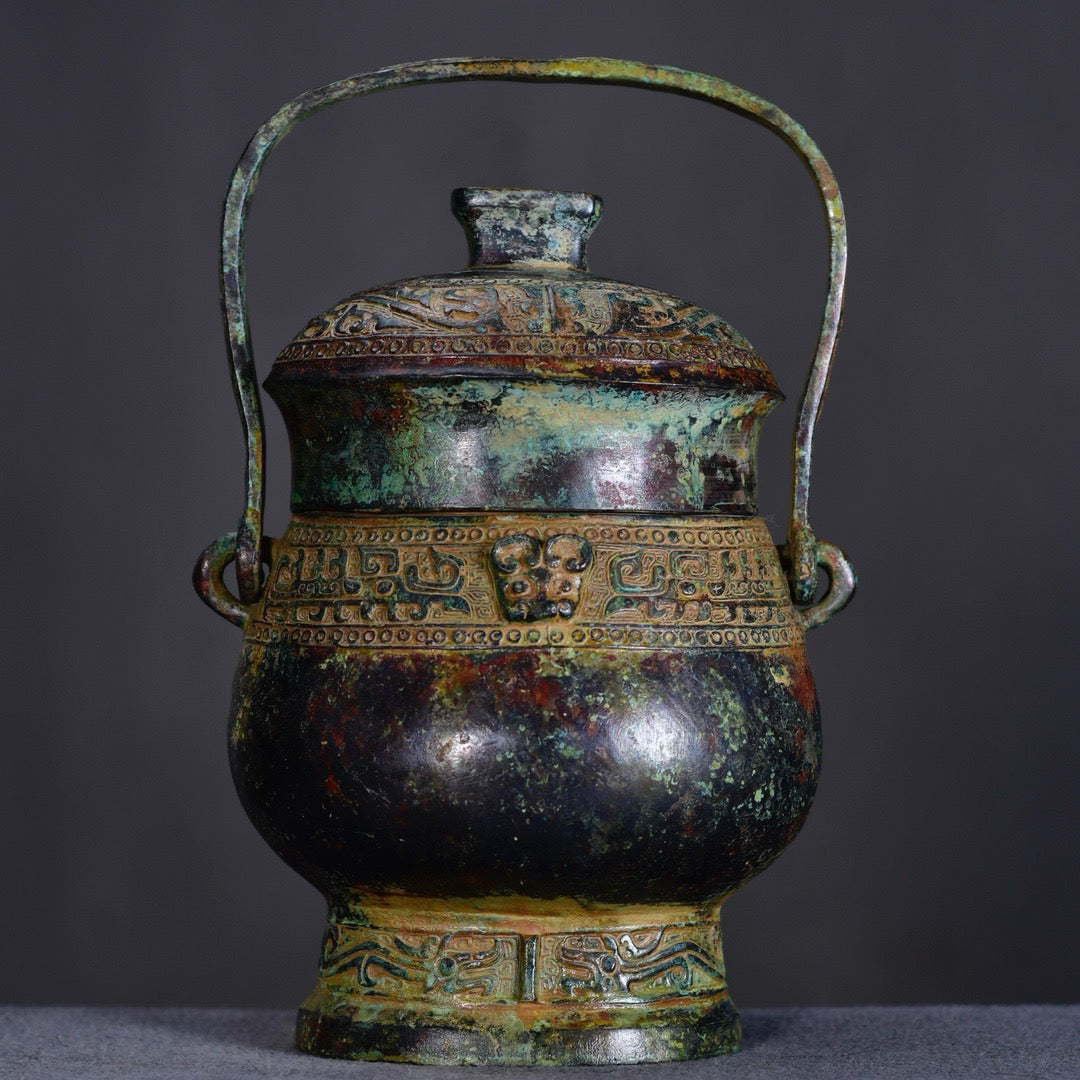 Chinese antique bronze lifting beam teapot