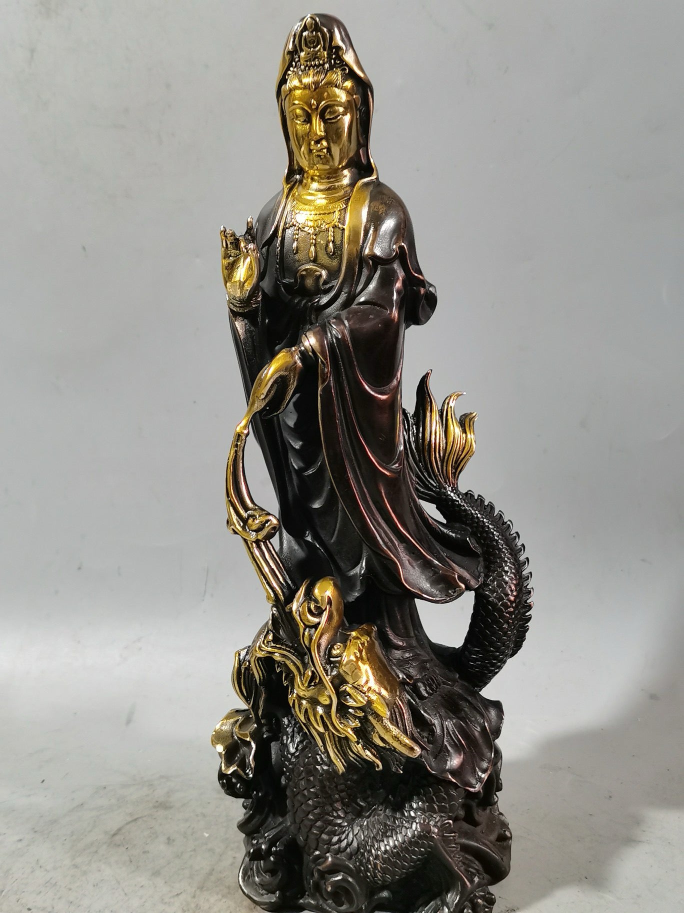 Chinese antique purple copper gilded dragon subduing Guanyin ornaments