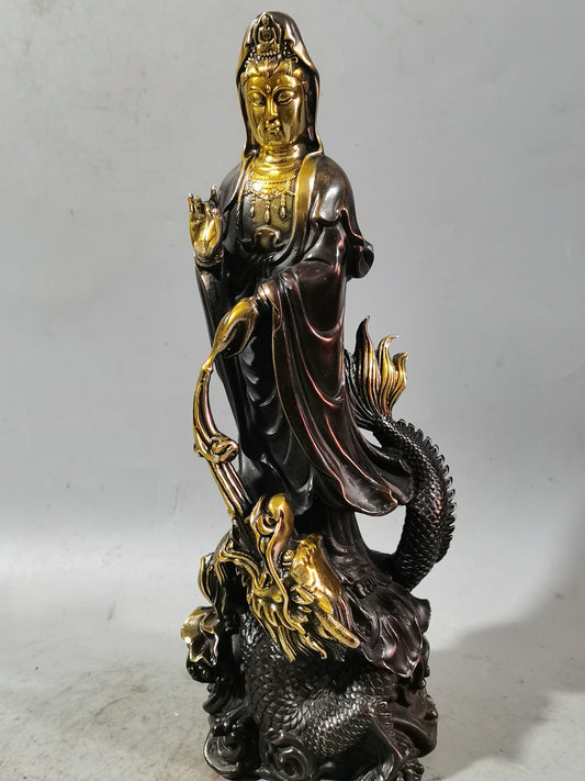Chinese antique purple copper gilded dragon subduing Guanyin ornaments