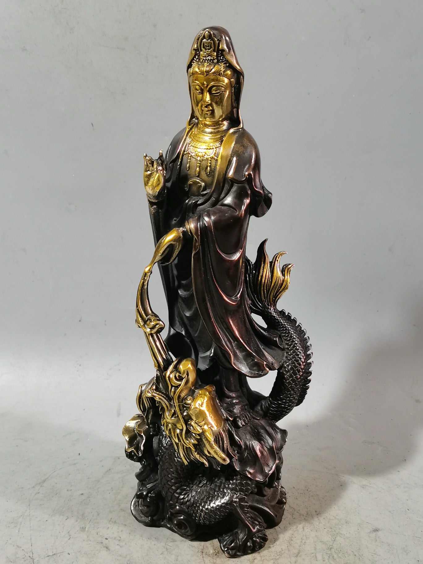 Chinese antique purple copper gilded dragon subduing Guanyin ornaments