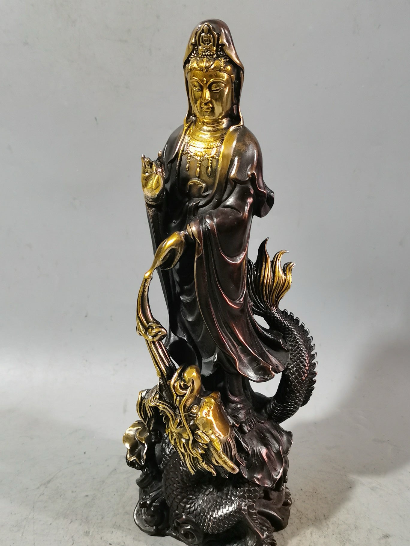 Chinese antique purple copper gilded dragon subduing Guanyin ornaments