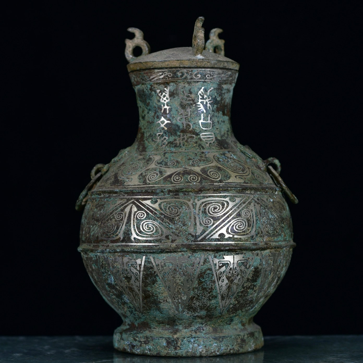 Chinese antique bronze misplaced silver large belly bottle