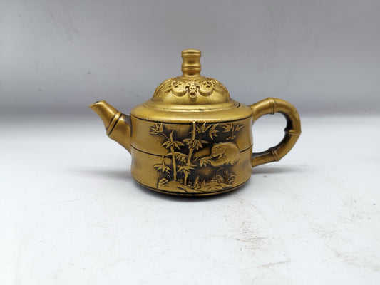 Chinese antique brass bamboo bear cat pot