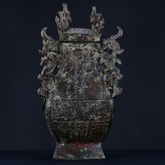 Chinese antique bronze four dragon square teapot