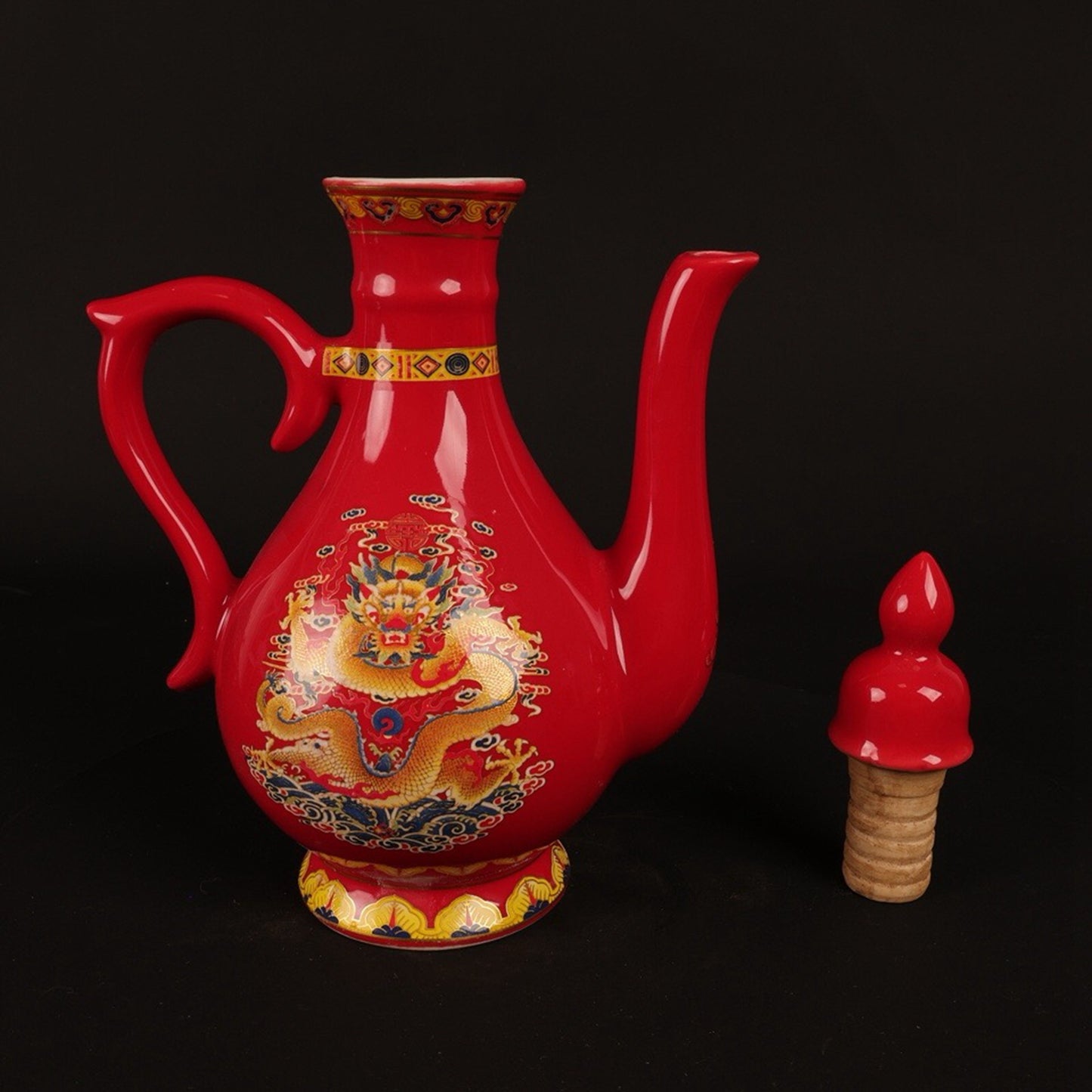 Red glazed pink dragon patterned small wine pot