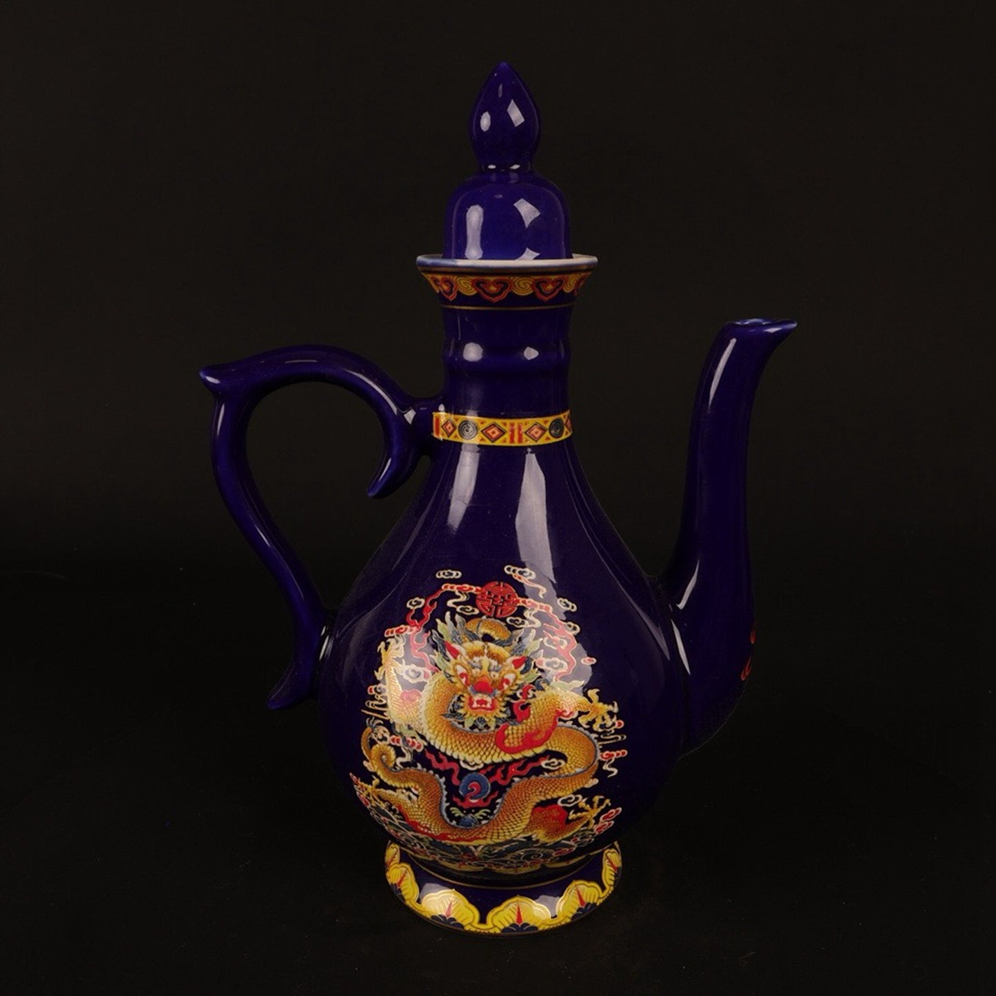 Blue glazed pink dragon patterned small wine pot