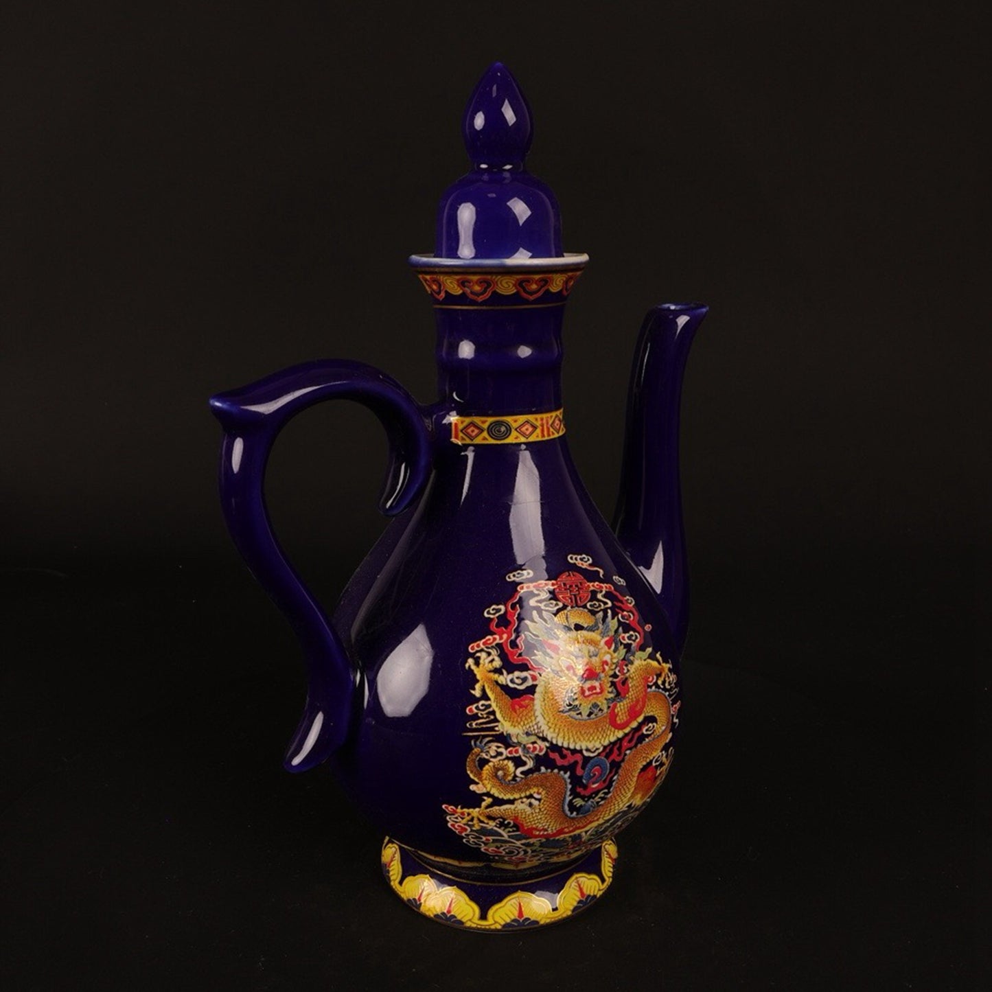 Blue glazed pink dragon patterned small wine pot