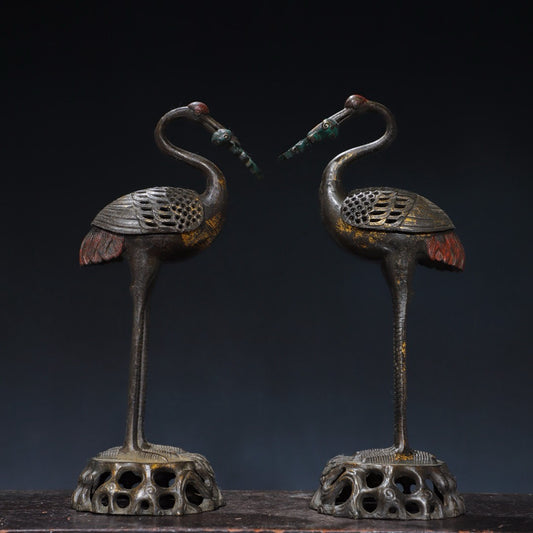 A pair of pure copper crane incense burners