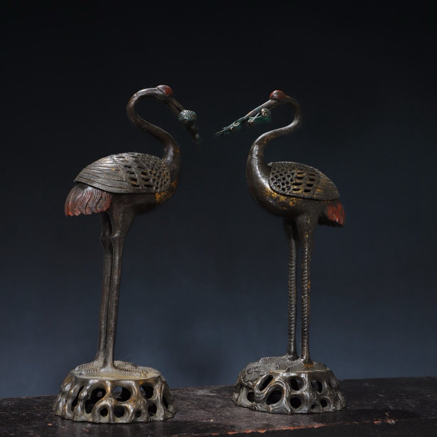 A pair of pure copper crane incense burners