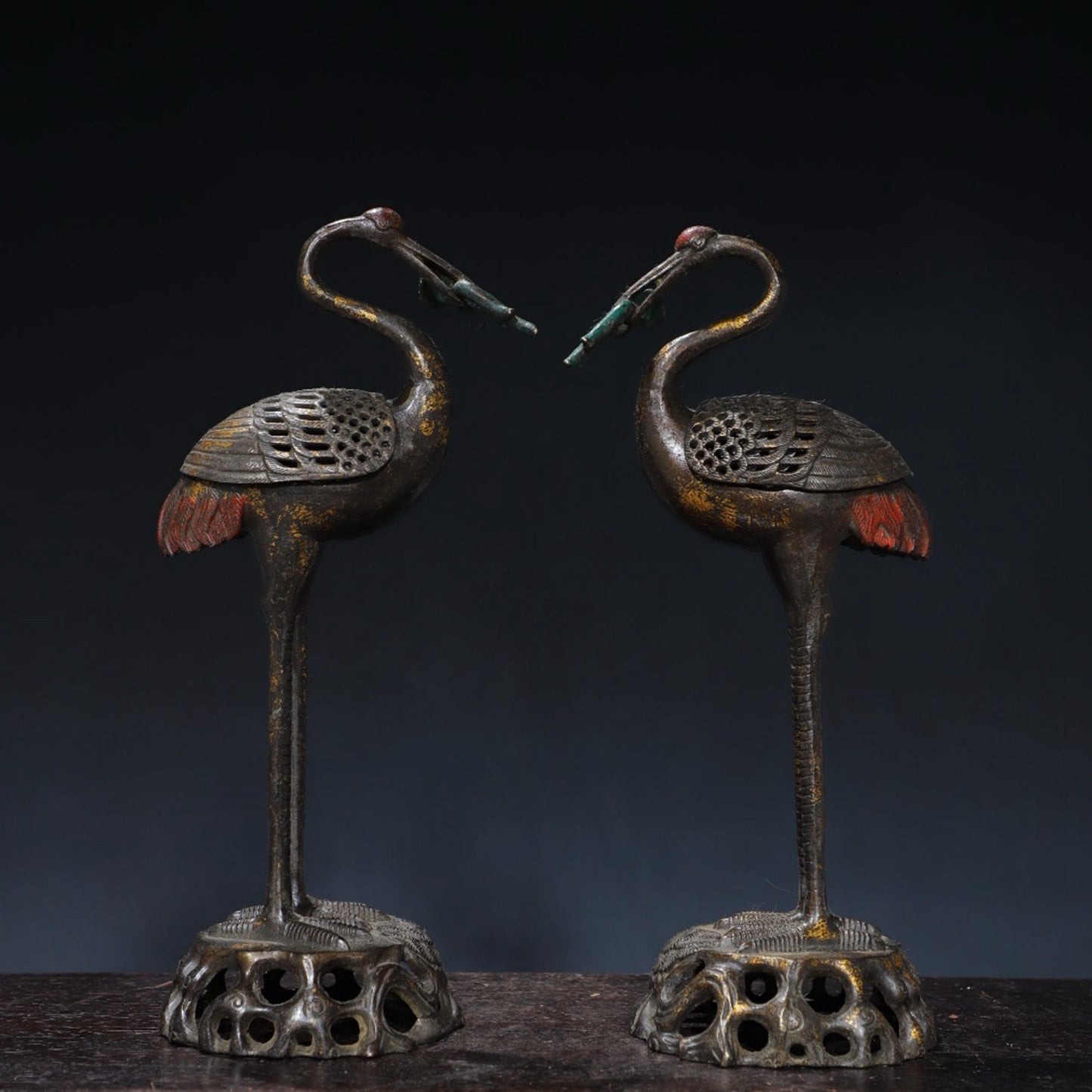 A pair of pure copper crane incense burners