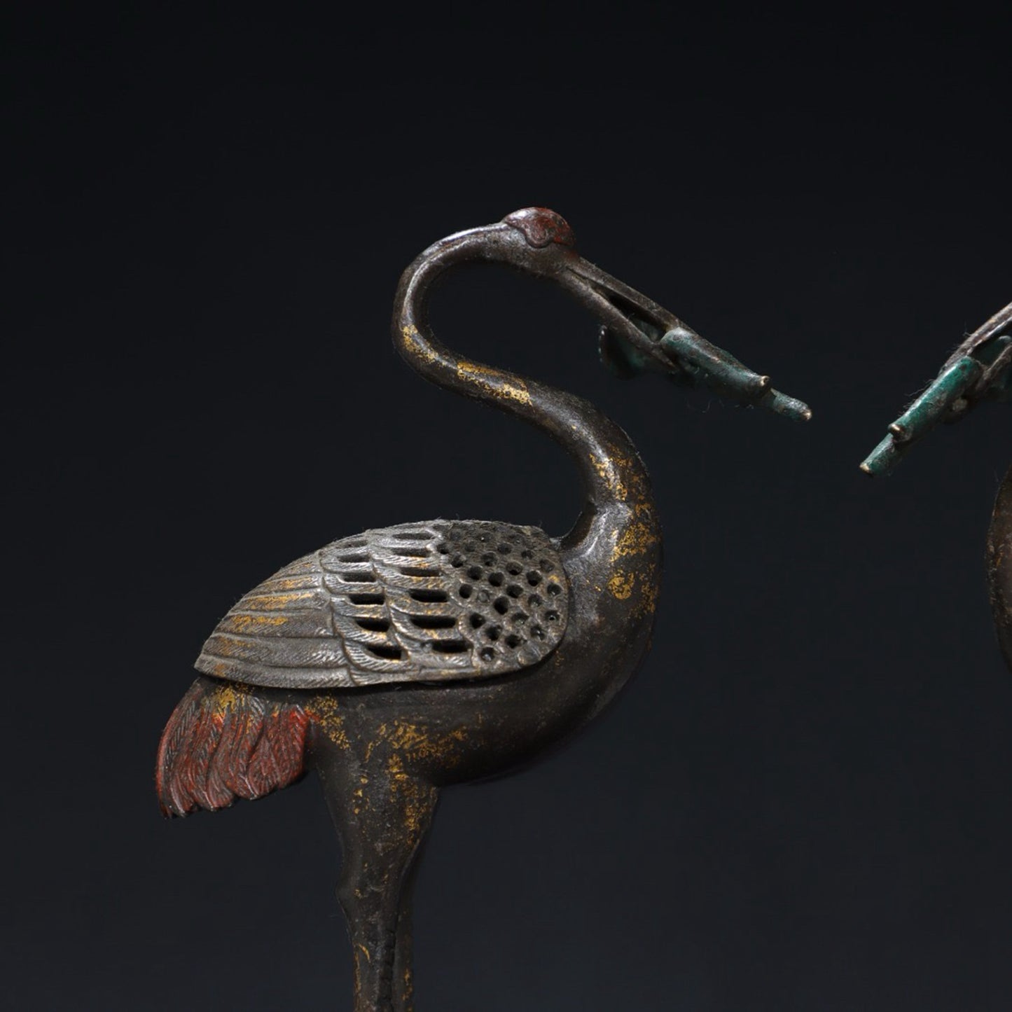 A pair of pure copper crane incense burners