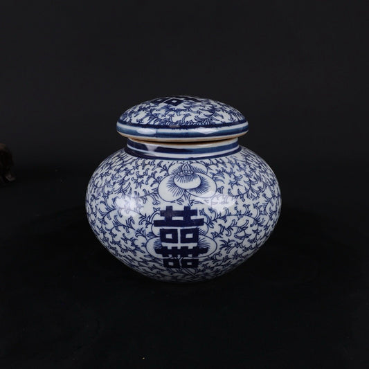 Blue and white double happiness patterned lid jar
