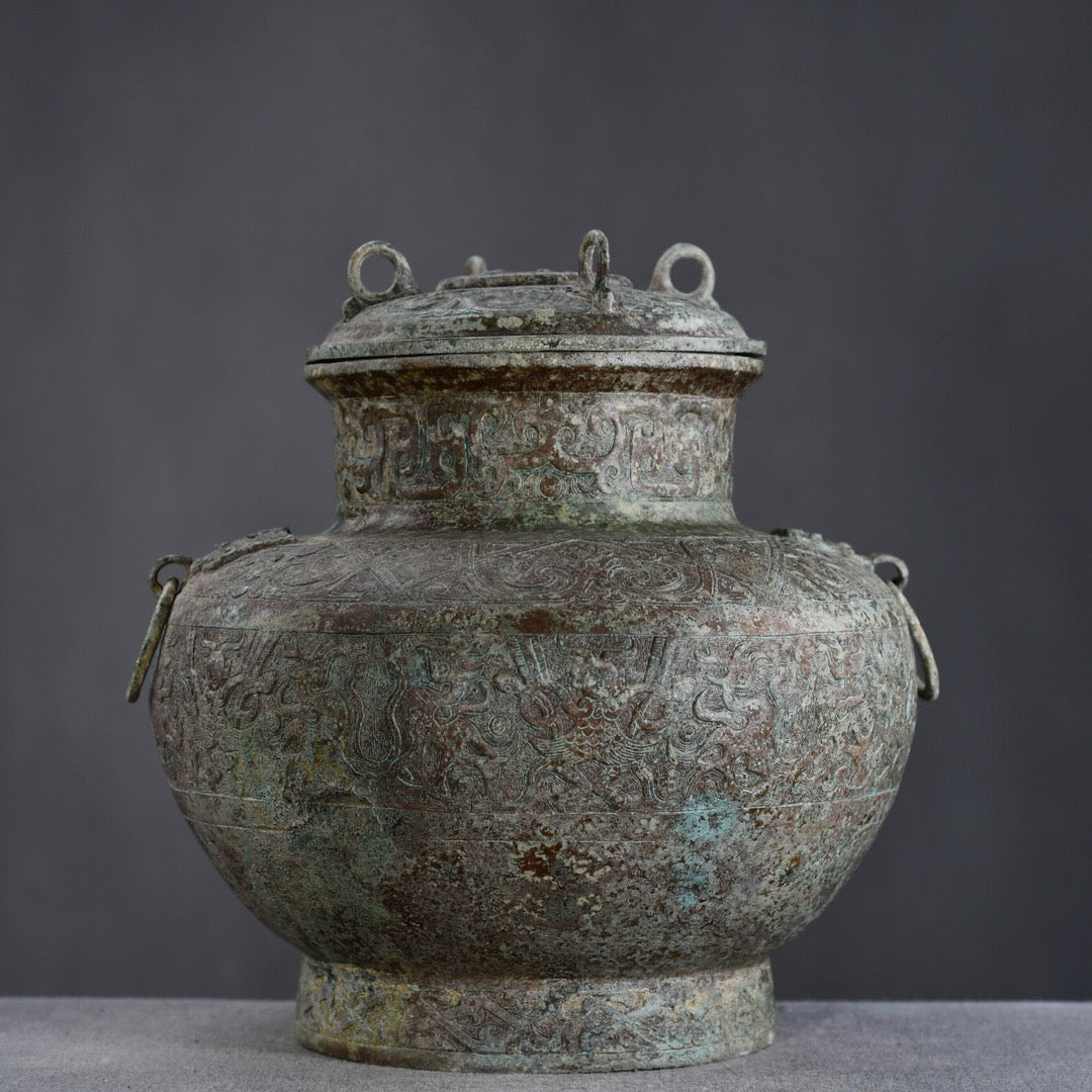 Chinese antique bronze animal ear four ring altar