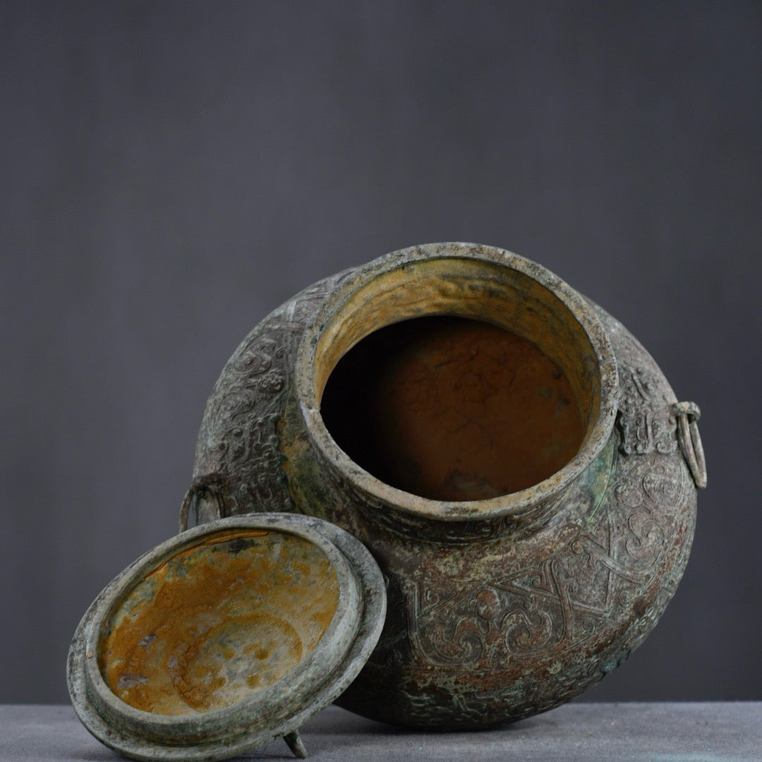 Chinese antique bronze animal ear four ring altar