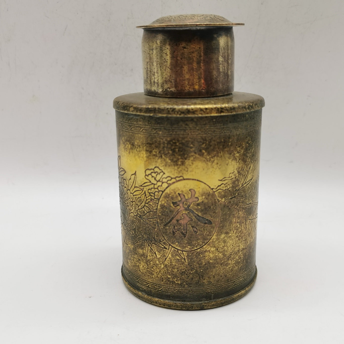 Chinese antique pure copper brass phoenix opera peony tea jar