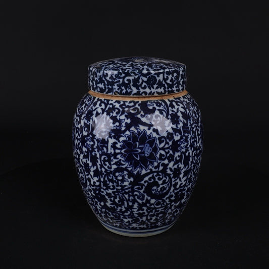 Blue and white lotus patterned lid jar