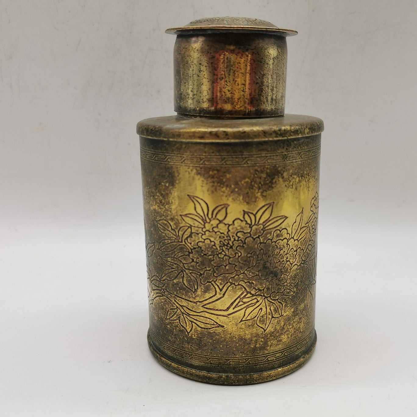 Chinese antique pure copper brass phoenix opera peony tea jar