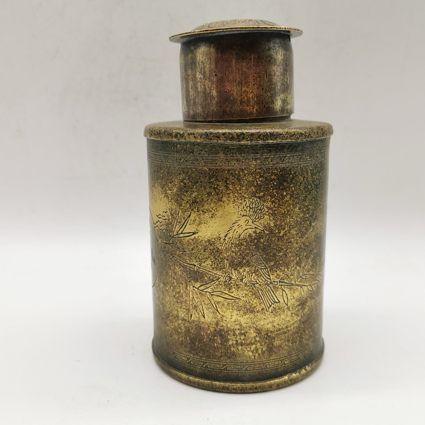 Chinese antique pure copper brass phoenix opera peony tea jar