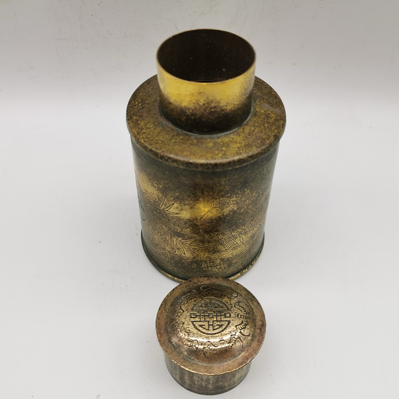 Chinese antique pure copper brass phoenix opera peony tea jar