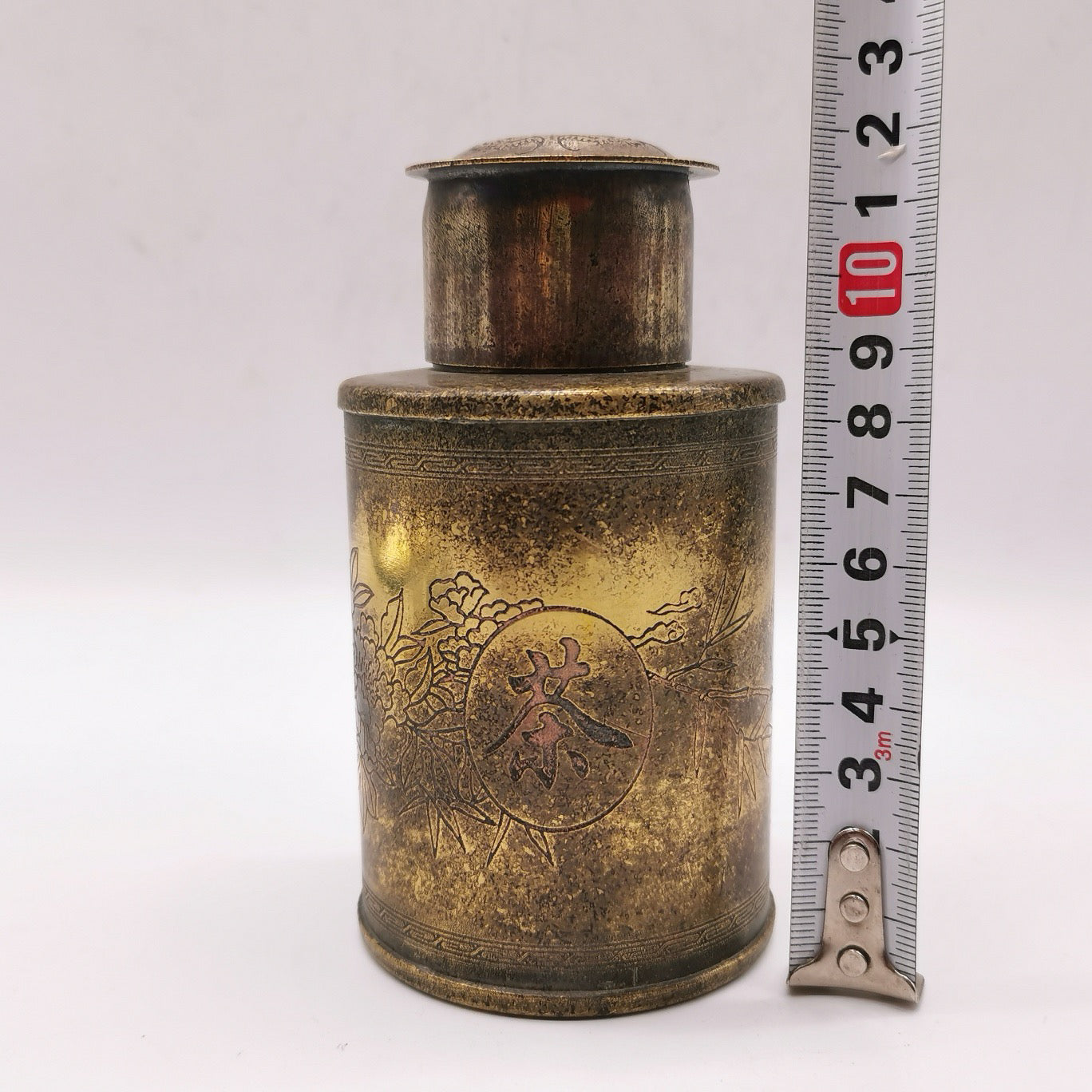 Chinese antique pure copper brass phoenix opera peony tea jar