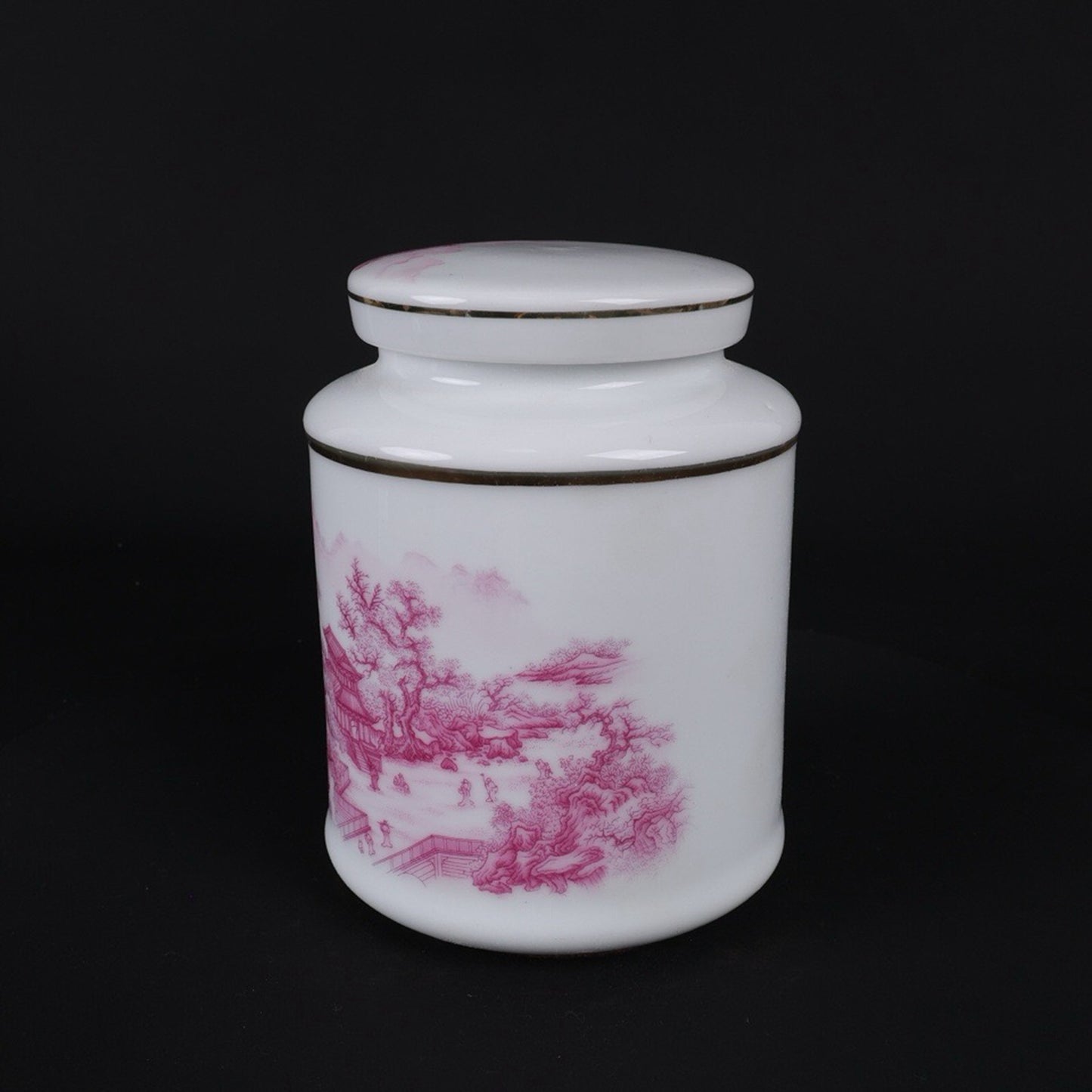 Pink and colorful tea jar with picturesque river and mountain patterns