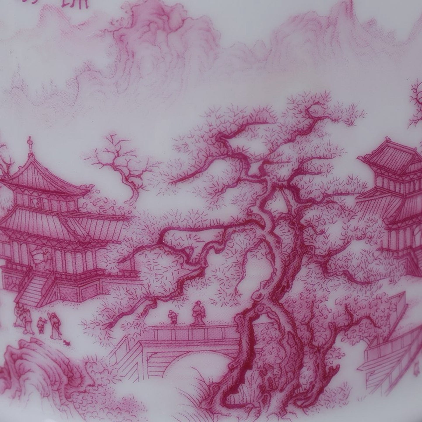 Pink and colorful tea jar with picturesque river and mountain patterns