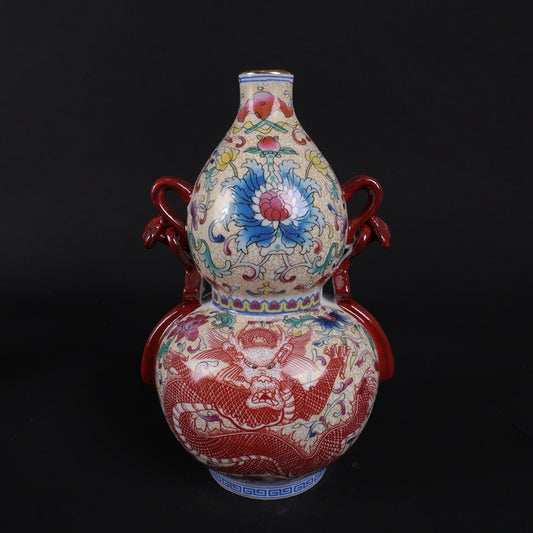 Enamel colored dragon patterned Ruyi gourd bottle