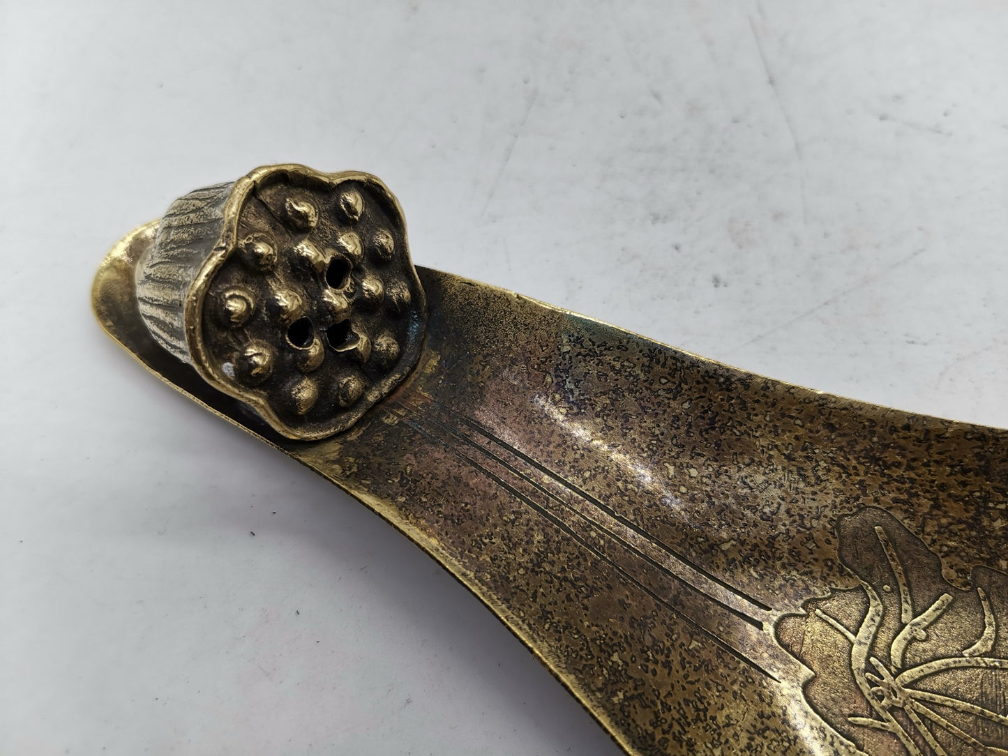 Chinese antique pure copper three hole lotus pod incense table