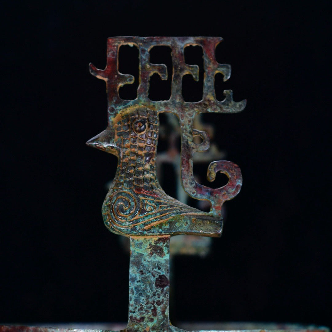 Chinese antique bronze phoenix patterned beast faced three legged bronze vessel