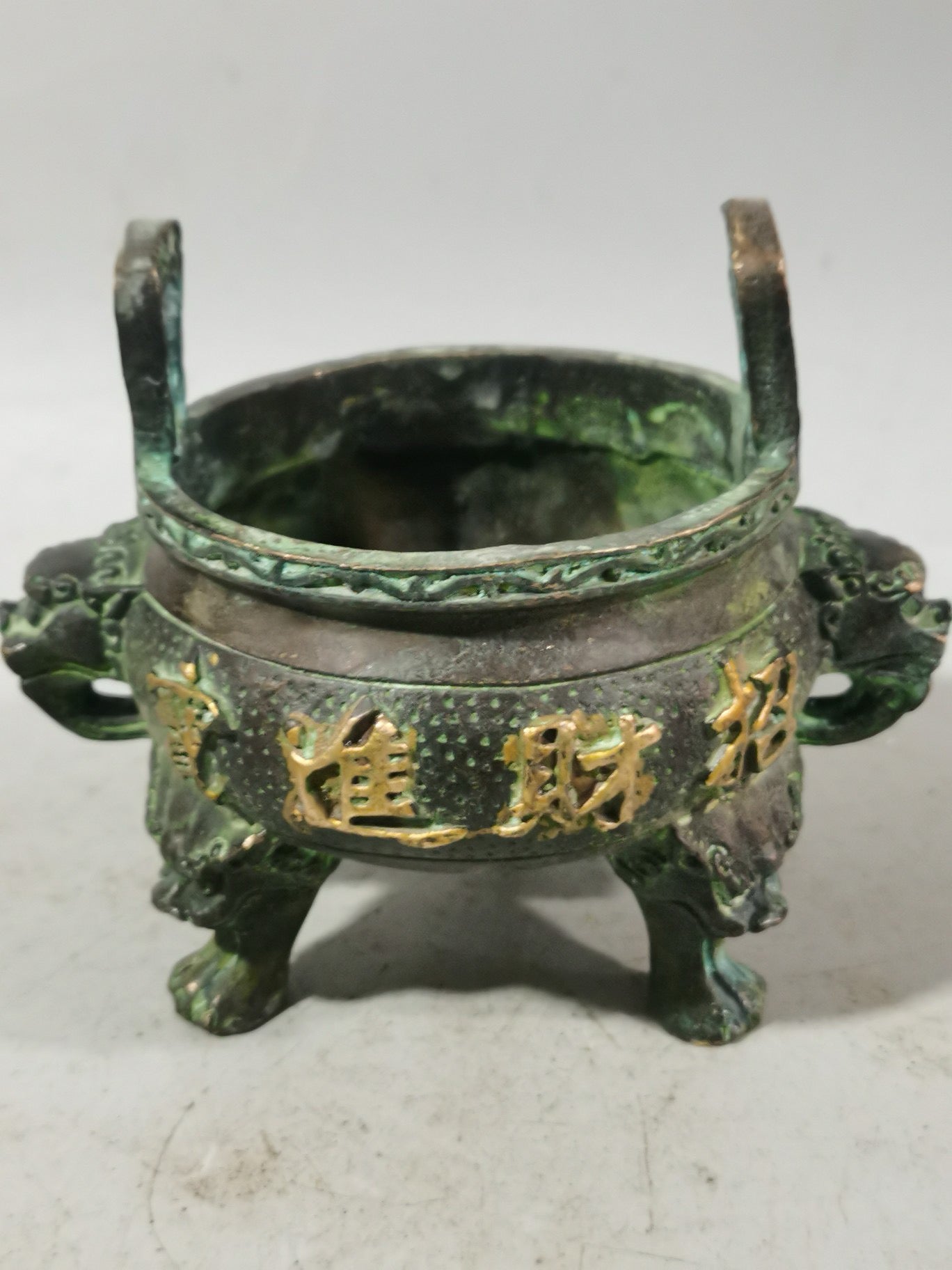 Chinese antique pure copper gilded gold three legged double ear incense burner ornament