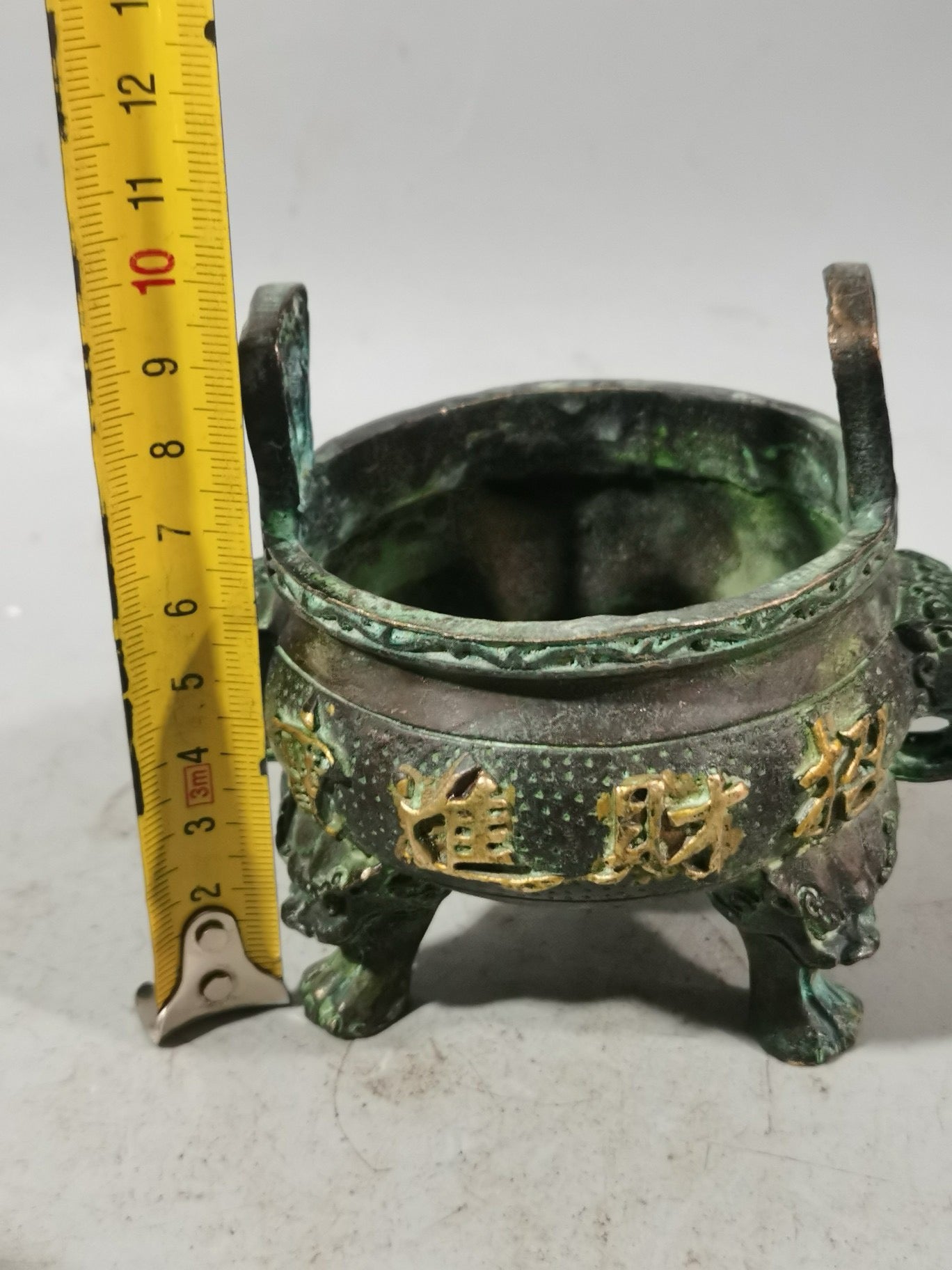 Chinese antique pure copper gilded gold three legged double ear incense burner ornament
