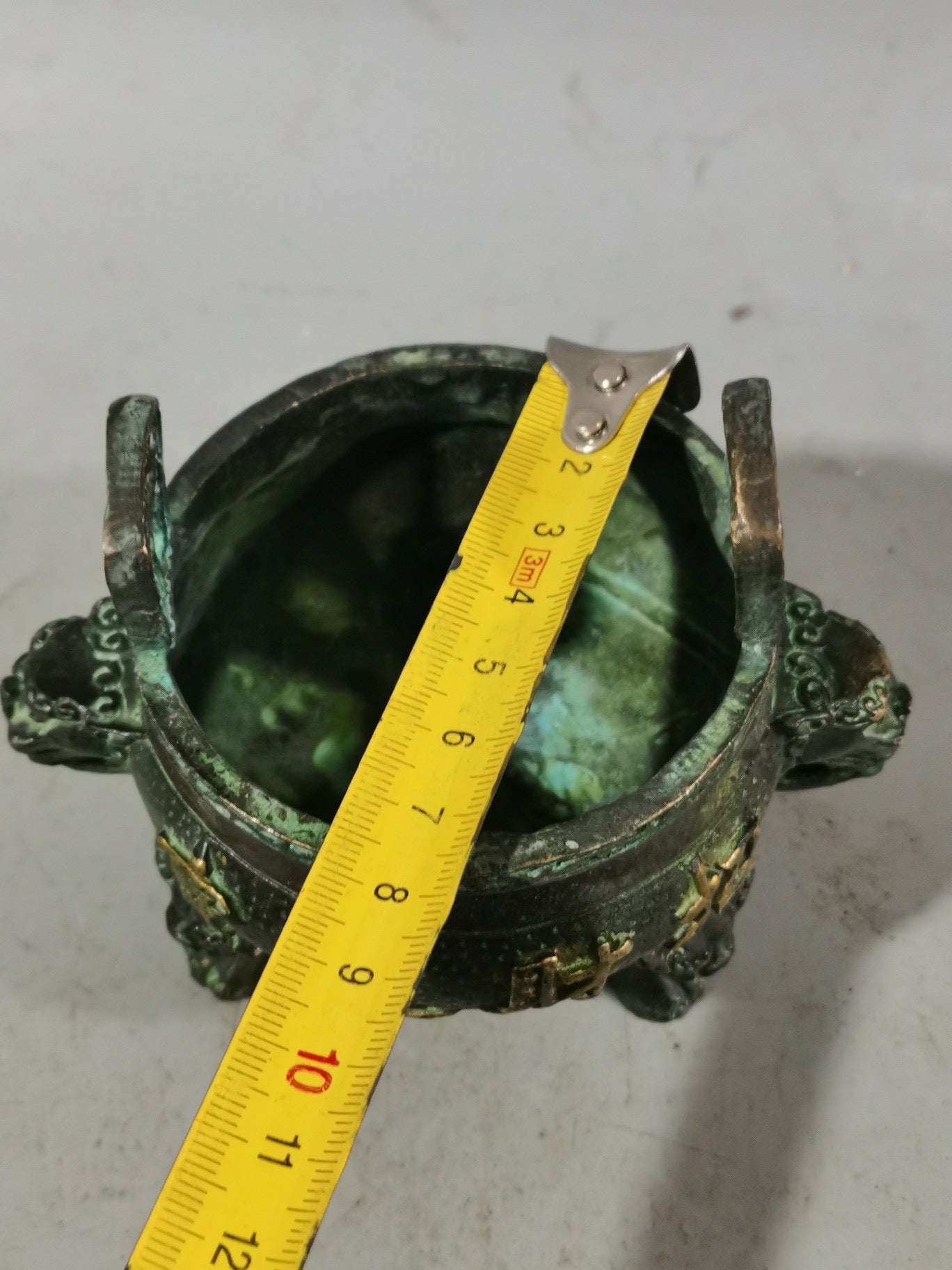 Chinese antique pure copper gilded gold three legged double ear incense burner ornament
