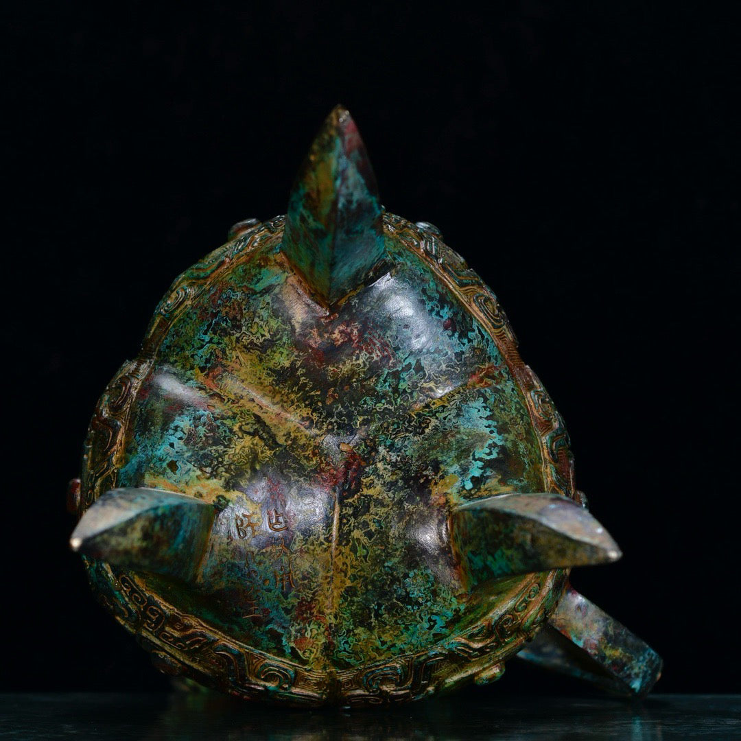 Chinese antique bronze phoenix patterned beast faced three legged bronze vessel