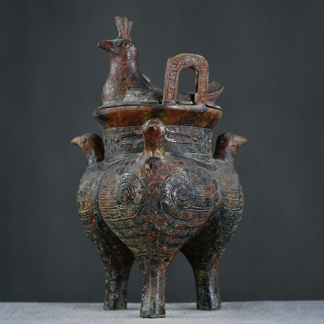 Chinese antique bronze ornaments for guarding houses and warding off evil spirits, three doves and a tripod