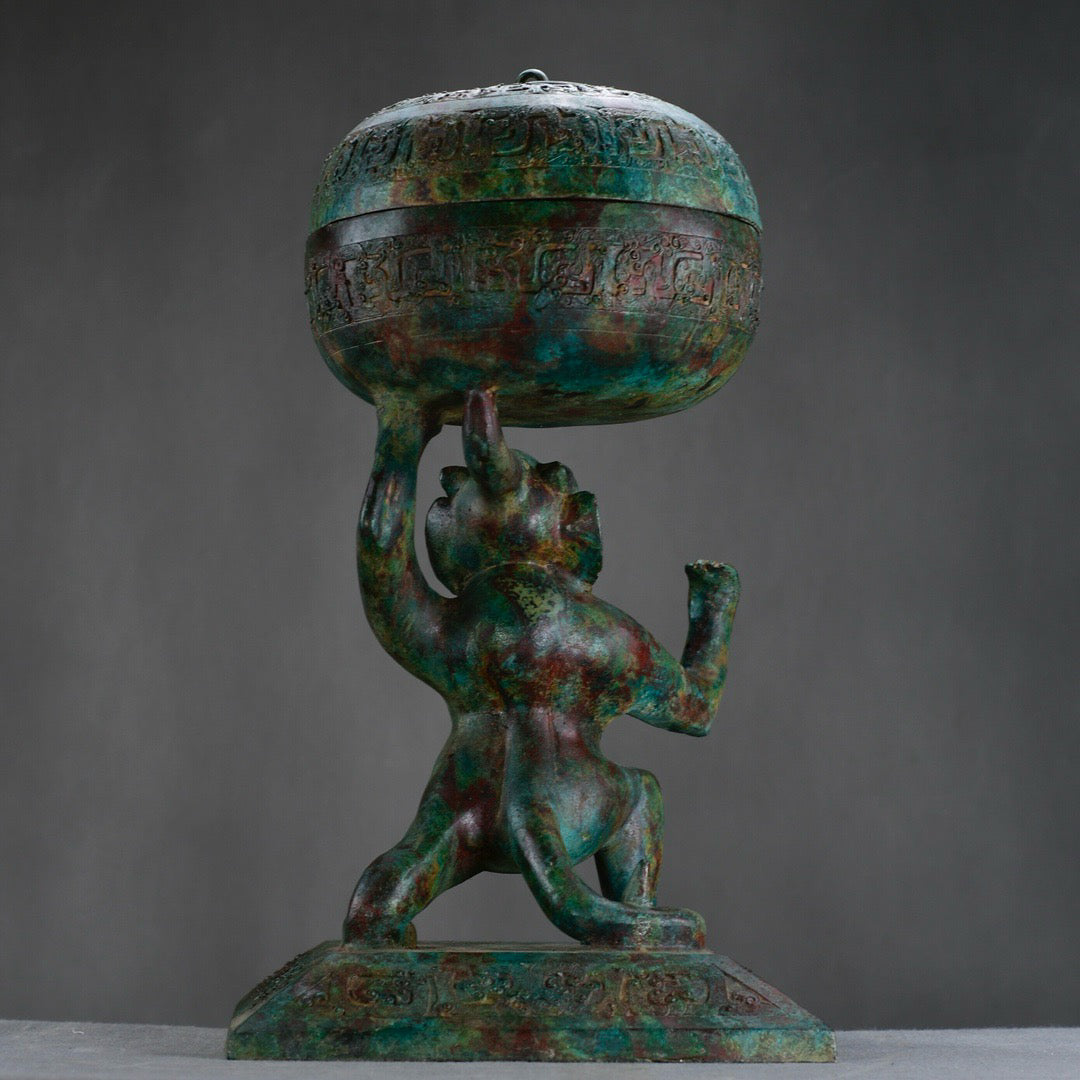 Chinese antique bronze bear top smoking furnace