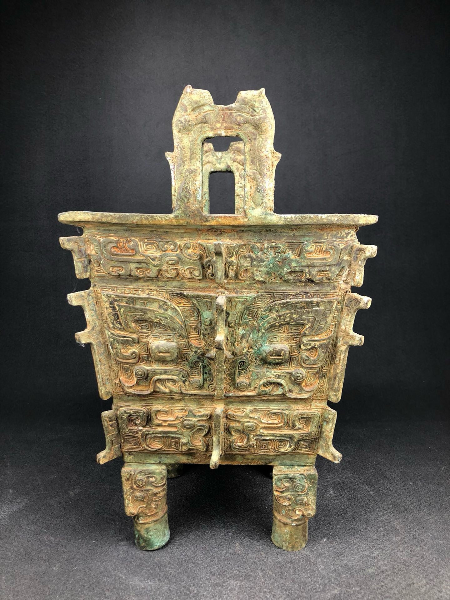 Chinese antique bronze animal faced square cauldron
